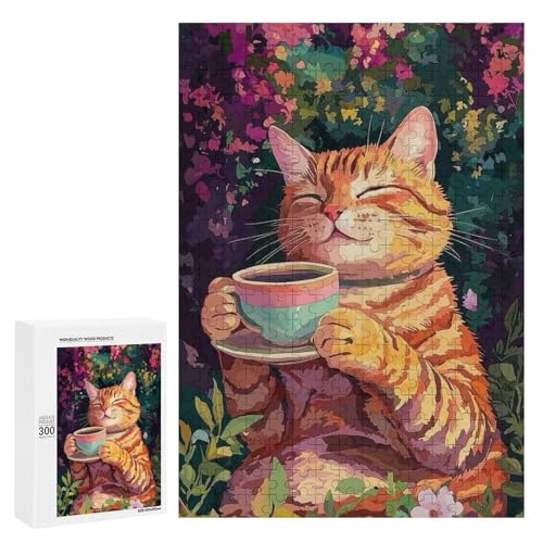 Eine süße Katze, die eine Tasse Tee in einem bunten Garten genießt. Klassisches Holzpuzzle mit 300 Teilen für Erwachsene von Generisch