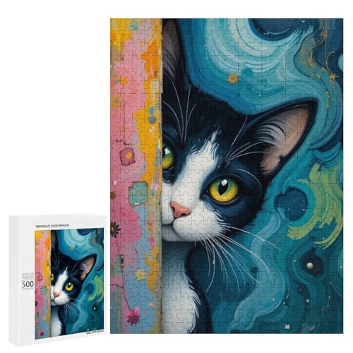 Eine süße Katze, die hinter einer bunten Wand herausschaut, 500 Teile Tier, klassisches Holzpuzzle für Erwachsene Eine süße Katze, die hinter einer bunten Wand herausschaut, 500 Teile Tier, klassisches Holzpuzzle für Erwachsene von Generisch