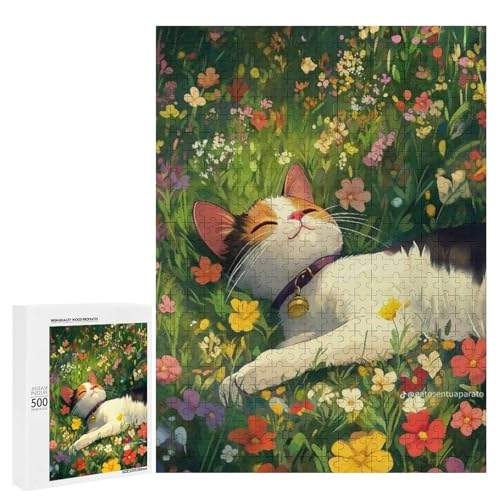Eine süße Katze, die in einem Feld bunter Blumen schläft, 500 Teile Tier, klassisches Holzpuzzle für Erwachsene von Generisch