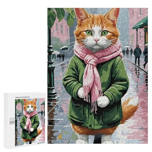 Eine süße Katze, die in einem grünen Mantel und einem rosa Schal gekleidet ist, steht auf einer regnerischen Straße, 500 Teile Tier, klassisches Holzpuzzle für Erwachsene Eine süße Katze, die in einem grünen Mantel und einem rosa Schal gekleidet ist, steht auf einer regnerischen Straße, 500 Teile Tier, klassisches Holzpuzzle für Erwachsene von Generisch