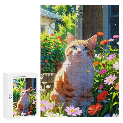 Eine süße Katze, die unter bunten Blumen vor einem Fenster sitzt. 300 Teile, klassisches Holzpuzzle für Erwachsene von Generisch