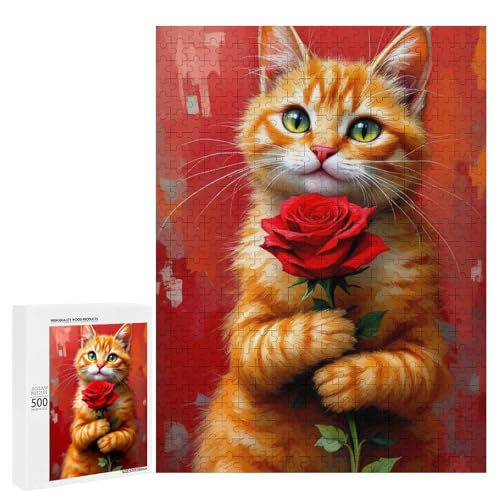 Eine süße Katze hält eine rote Rose 500 Teile Tier klassisches Holzpuzzle für Erwachsene von Generisch