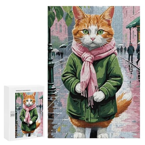 Eine süße Katze in einem grünen Mantel und rosa Schal steht auf einer regnerischen Straße. 300 Teile Tierpuzzle aus Holz, klassisches Holzpuzzle für Erwachsene von Generisch