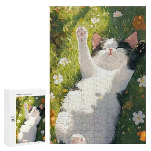 Eine süße Katze liegt in einem Blumenfeld. 300 Teile Tierpuzzle aus Holz, klassisches Holzpuzzle für Erwachsene von Generisch
