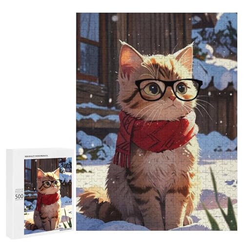 Eine süße Katze mit Brille und einem roten Schal sitzt im Schnee. 500 Teile Tier klassisches Holzpuzzle für Erwachsene von Generisch