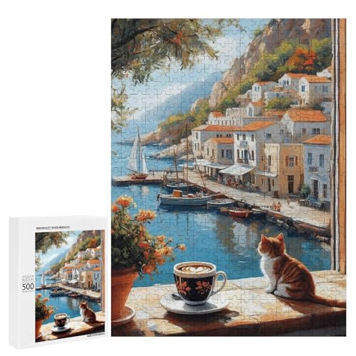 Eine süße Katze sitzt auf der Fensterbank und blickt auf die malerische Küstenstadt. 500 Teile Tier Classic Holzpuzzle für Erwachsene Eine süße Katze sitzt auf der Fensterbank und blickt auf die malerische Küstenstadt. 500 Teile Tier Classic Holzpuzzle für Erwachsene von Generisch