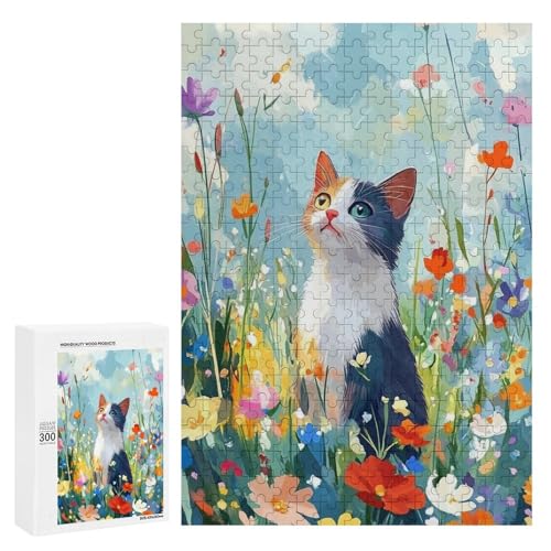 Eine süße Katze sitzt in einem Feld mit bunten Blumen. Klassisches Holzpuzzle für Erwachsene, 300 Teile von Generisch