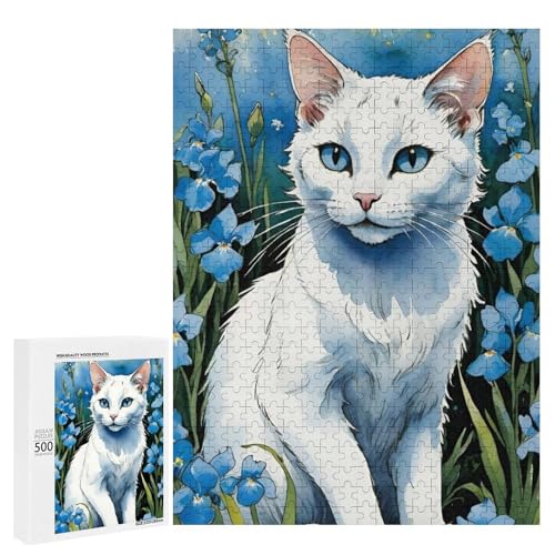 Eine süße Katze sitzt unter blauen Blumen 500 Teile Tier klassisches Holzpuzzle für Erwachsene von Generisch