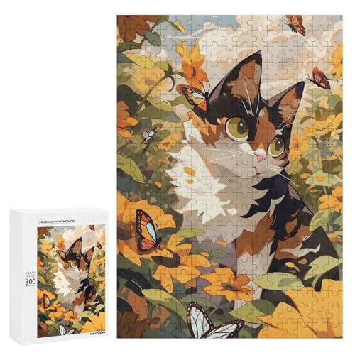 Eine süße Katze umgeben von Sonnenblumen und Schmetterlingen. Klassisches Holzpuzzle für Erwachsene mit 300 Teilen von Generisch