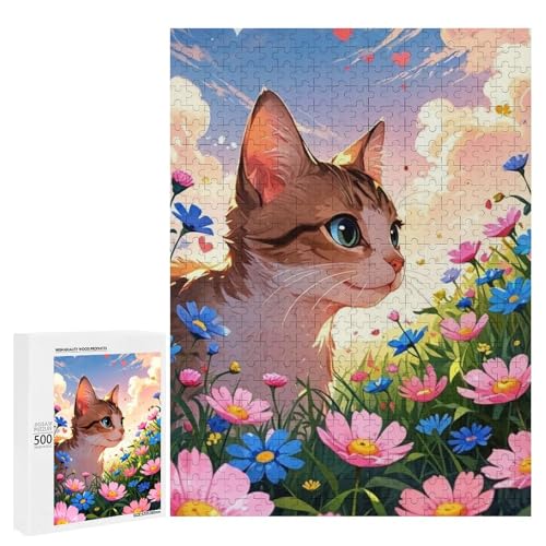 Eine süße Katze umgeben von bunten Blumen. 10 500 Teile Tierpuzzle aus Holz, klassisches Holzpuzzle für Erwachsene von Generisch