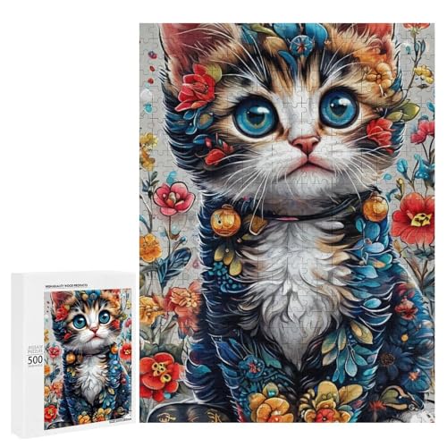 Eine süße Katze umgeben von bunten Blumen. 4 500 Teile Tierpuzzle aus Holz, klassisches Holzpuzzle für Erwachsene von Generisch