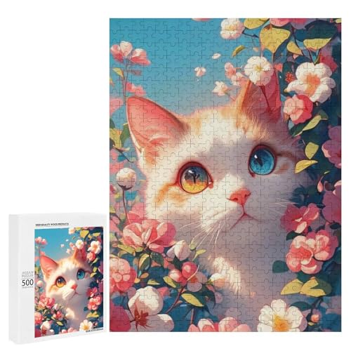 Eine süße Katze umgeben von schönen Blumen 500 Teile Tier Klassisches Holzpuzzle für Erwachsene von Generisch