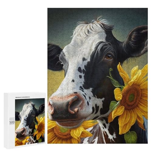 Eine süße Kuh mit Sonnenblumen, 500 Teile Tier, klassisches Holzpuzzle für Erwachsene von Generisch