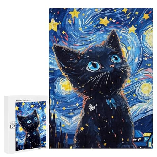 Eine süße schwarze Katze unter einem Sternenhimmel, 500 Teile Tier, klassisches Holzpuzzle für Erwachsene Eine süße schwarze Katze unter einem Sternenhimmel, 500 Teile Tier, klassisches Holzpuzzle für Erwachsene von Generisch