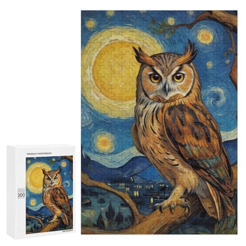 Eine weise Eule sitzt auf einem Ast unter einem Sternenhimmel. Klassisches Holzpuzzle für Erwachsene mit 300 Teilen Eine weise Eule sitzt auf einem Ast unter einem Sternenhimmel. Klassisches Holzpuzzle für Erwachsene mit 300 Teilen von Generisch