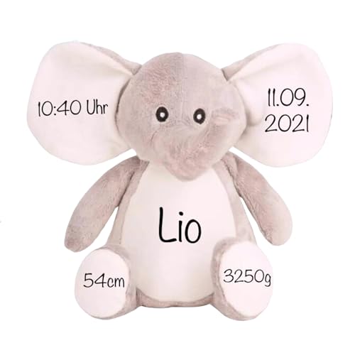 Elefant Baby Geschenk Kuscheltier personalisiert mit Namen und Geburtsdaten I 24cm I Geschenkidee zur Geburt I Taufe, Geburtstag & Weihnachten - Einzigartigliebe von Generisch