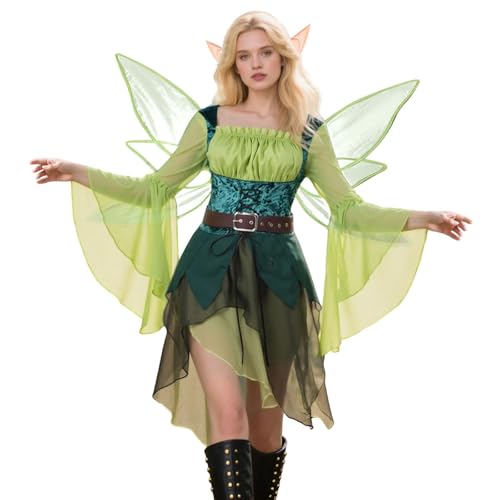 Eleganter Stil Cosplay-Kleid für Damen – Halloween-Kostüm, historisch inspiriertes Party-Outfit (Kleid + Flügel + Elfenohren) (Grün, L) von Generisch