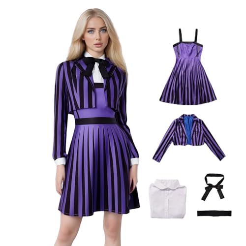 Enid Sinclair Cosplay-Kostüm, gestreift, plissiert, Schuluniform-Set, Akademie, Schulanzug mit Fliege und Gürtel, für Halloween, Karneval, Party, Lila, Größe 3XL Enid Sinclair Cosplay-Kostüm, gestreift, plissiert, Schuluniform-Set, Akademie, Schulanzug mit Fliege und Gürtel, für Halloween, Karneval, Party, Lila, Größe 3XL von Generisch
