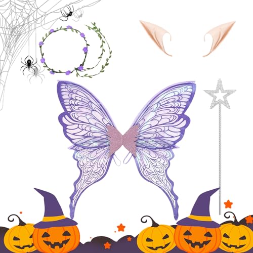 Feenflügel Kostüm Set - Halloween Kinderkostüm Mit Schmetterlingsflügeln | Elastische Verkleidungs-Accessoires Mit Blumenhaarreif Für Kinder Und Erwachsene von Generisch