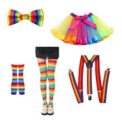 Festliches Outfit Damen, 80er Jahre Outfit Damen Set, Karneval Regenbogen Kostüm Damen, Tütü Tüllrock, Mit Feder Haarband, Netzhandschuhe, Kniestrümpfe, Gurt, Fliege, Silvester Deko 2025 Party Set Festliches Outfit Damen, 80er Jahre Outfit Damen Set, Karneval Regenbogen Kostüm Damen, Tütü Tüllrock, Mit Feder Haarband, Netzhandschuhe, Kniestrümpfe, Gurt, Fliege, Silvester Deko 2025 Party Set von Generisch