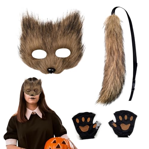 Fuchs Gesichtsmaske Und Schwanz Set - Halloween Cosplay Kostüm,Halloween Katzenschwanz Gesichtsmaske Pfotenhandschuhe Set | Für Männer Frauen Party Feiertag Karneval Event Maskerade von Generisch