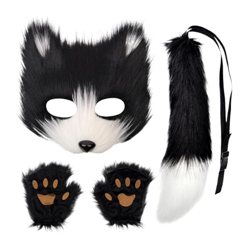 Fuchs Gesichtsmaske Und Schwanz Set - Halloween Cosplay Kostüm | Katzen Gesichtsmaske Handschuhe Verkleidung - Für Männer Frauen Party Feiertag Karneval Event Maskerade von Generisch