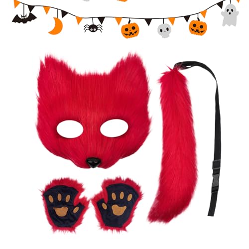 Fuchs Kostüm,Verkleidung Outfit Halloween Cosplay - Halloween Katzenschwanz Gesichtsmaske Pfotenhandschuhe Set - Für Karneval Festfotografie Mädchen Erwachsene von Generisch