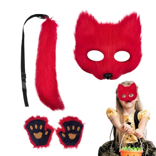 Fuchs Kostüm - Halloween Cosplay Kostüm | Lustiges Tierkostüm Gesichtsmaske mit Schwanz Set,Für Männer Frauen Party Feiertag Karneval Event Maskerade von Generisch