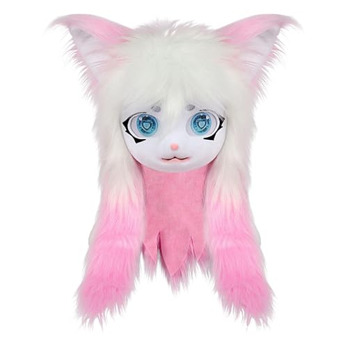 Furry Head, Animal Cat Masque Big Eyes Long Hair, Realistic Plush Kostüm Prop with Life Like Features for Cosplay, Halloween Party, Masquerade, Anime Convention Events Pink von Generisch