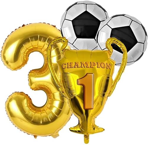 Fußball Geburtstag Party mit XL Zahl 3 Folienballon Gold Zahlen 3 Jahre Champion Fussball Pokal Ball Bälle Ballon Deko Dekoration Fußball Motoparty 3 Kindergeburtstag Jungen Mädchen (Zahl 3) von Generisch