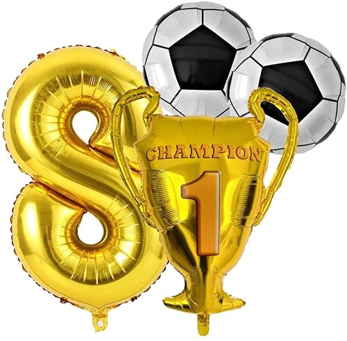 Fußball Geburtstag Party mit XL Zahl 8 Folienballon Gold Zahlen 8 Jahre Champion Fussball Pokal Ball Bälle Ballon Deko Dekoration Fußball Motoparty 8 Kindergeburtstag Jungen Mädchen (Zahl 8) von Generisch
