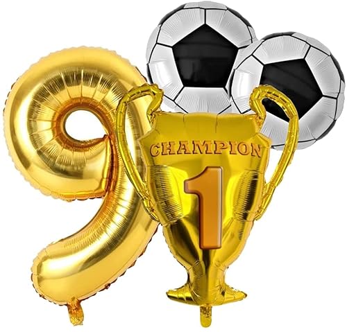 Fußball Geburtstag Party mit XL Zahl 9 Folienballon Gold Zahlen 9 Jahre Champion Fussball Pokal Ball Bälle Ballon Deko Dekoration Fußball Motoparty 9 Kindergeburtstag Jungen Mädchen (Zahl 9) von Generisch