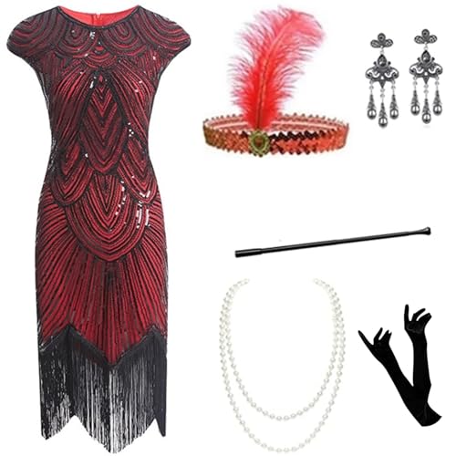 Generico Damen Kleid 1920er Jahre Cocktailkleid Damen 20er Jahre Flapper Damen Abschlussball Kostüm mit Pailletten und Fransen Vintage Cocktailkleid Party Cocktail Party Cocktail Party, rot, 52 von Generisch