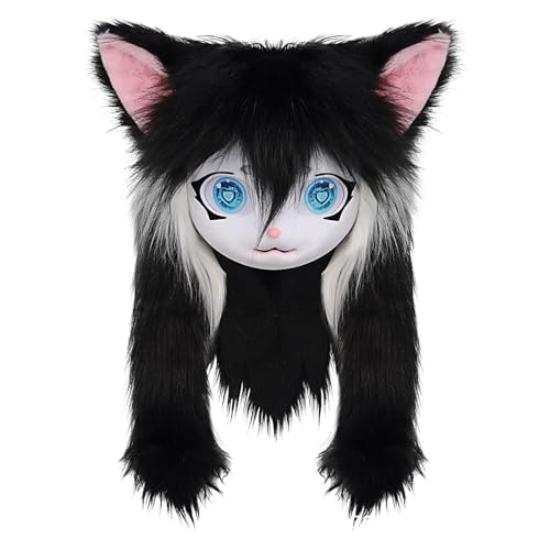 Generico Furry Head, Animal Cat Masque Big Eyes Long Hair, Realistic Plush Kostüm Prop with Life Like Features for Cosplay, Halloween Party, Masquerade, Anime Convention Events, Black von Generisch