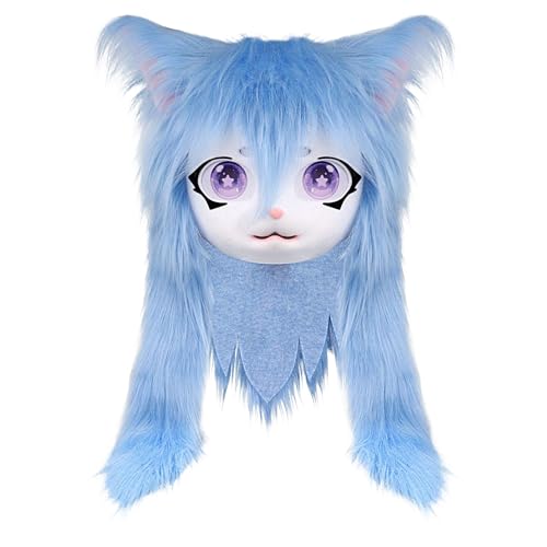 Generico Furry Head, Animal Cat Masque Big Eyes Long Hair, Realistic Plush Kostüm Prop with Life Like Features for Cosplay, Halloween Party, Masquerade, Anime Convention Events, Blue von Generisch