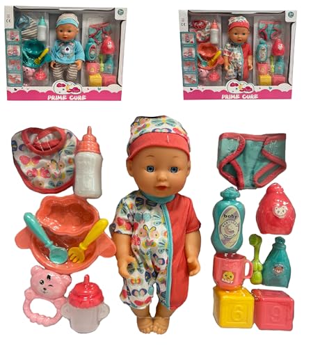 Generico Puppe trinkt und pinkelt mit Besteckteller Babyflasche Schnuller Lätzchen Rassel Becher Puppe 30 cm mit Windel Puppe Prime Care Trinken und pinkeln wie ein echtes Kind, zufällige Farbe von Generisch
