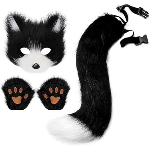Generisch 1 Set Katzenmaske Kostüm Pelry Schwanz und Pfotenhandschuhe Set für Maskerade Cosplay Party Halloween Therian Maske von Generisch