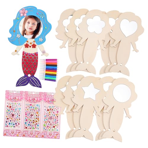 Generisch 1 Set Meerjungfrau-handspiegel, DIY-kit, Holz-handwerksspiegel, Gastgeschenke, DIY-färbung, Meerjungfrau-handspiegel, Meerjungfrau-partyspiele von Generisch