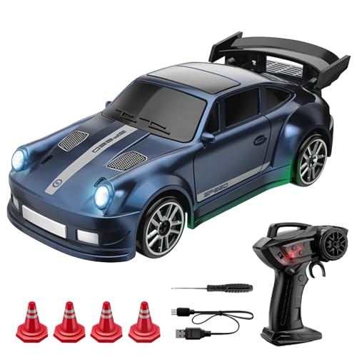 Generisch 1:64 Mini RC Drift Car 4WD 2,4 GHz Hochgeschwindigkeits-Rennsport-Spielzeugauto mit LED-Leuchten, Dual-Speed-Modi, USB-Aufladung, Renn- und Drifträdern (Blue) von Generisch