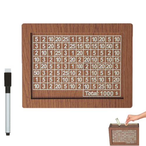 Generisch 10000 Savings Challenge Box, Wooden Cash Saver Money Box with Counter, Wooden Money Saving Challenge Box, Coin Counter Retro Money Box with Money Target and Numbers (1000) von Generisch