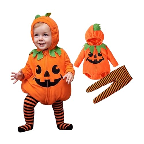 Generisch 2-Teiliges Set Baby Halloween Kürbiskostüm, Halloween Baby Kleidung Jungen Mädchen Pumpkin Top Outfit Süßes Kürbis Kostüm Strampler Bodysuit Jumpsuit Sets für Neugeborenes 0-24 Monate von Generisch