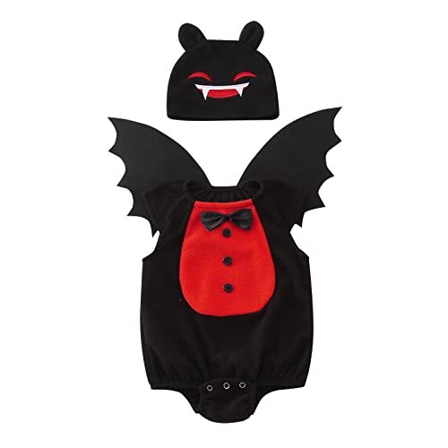 Generisch 2025 - Neugeborenes Baby Mädchen Jungen Halloween Fledermaus Soft Fleece Strampler Overall Sets mit Flügel Hut 3PCS Set Kostüme N Set (Black, 0-6 Months) von Generisch