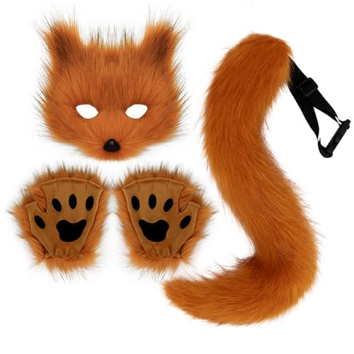 Generisch 3 Stück Fuchs Kostüm Cosplay - mit Furry Schwanz, Maske und Handschuhe, Kunstpelz Fuchs Maske Wolf Katze flauschiger Schwanz für Halloween Cosplay Karneval Party Kostüm Accessoire von Generisch