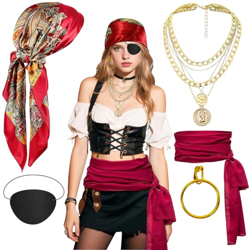 Generisch 5 Stück Piratenkostüm Damen Kostüm Piratentuch Kopftuch Damen Piraten Accessoires Piraten Schmuck für Halloween Cosplay-Party Karneval Kostüm von Generisch
