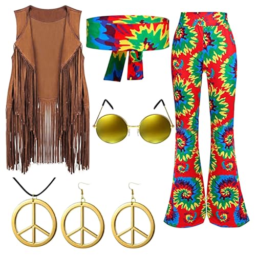 Generisch 60er 70er Jahre Hippie Kostüm Damen Set mit Fransenweste Schlaghose Hippie Accessoires, Kleidung Bekleidung Disco Outfit Faschingskostüm Mädchen 70Er Jahre Bluse Weste Mit Fransen von Generisch
