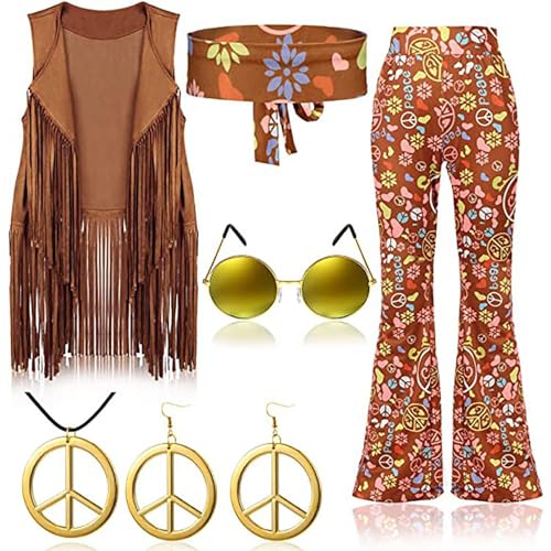 Generisch 60er 70er Jahre Hippie Kostüm Disco Outfits Fransenweste Boho Schlaghosen Frieden Zubehör Set Halloween für Frauen Karnevalskostüm70Er Jahre KostüM Damen von Generisch