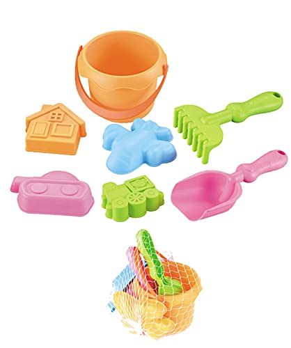 Generisch 7-9 Stück Sandspielzeug Set, mit Strandeimer, Wasserkocher, Strandschaufel, Strandbaufahrzeug, Sandform, Wiederverwendbarer Netzbeutel, Badespielzeug für Jungen und Mädchen (A) von Generisch