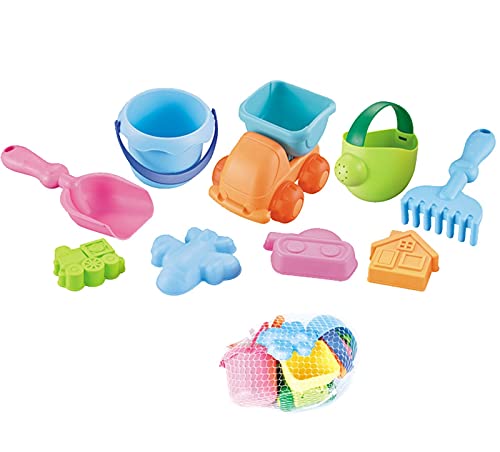 Generisch 7-9 Stück Sandspielzeug Set, mit Strandeimer, Wasserkocher, Strandschaufel, Strandbaufahrzeug, Sandform, Wiederverwendbarer Netzbeutel, Badespielzeug für Jungen und Mädchen (E) von Generisch