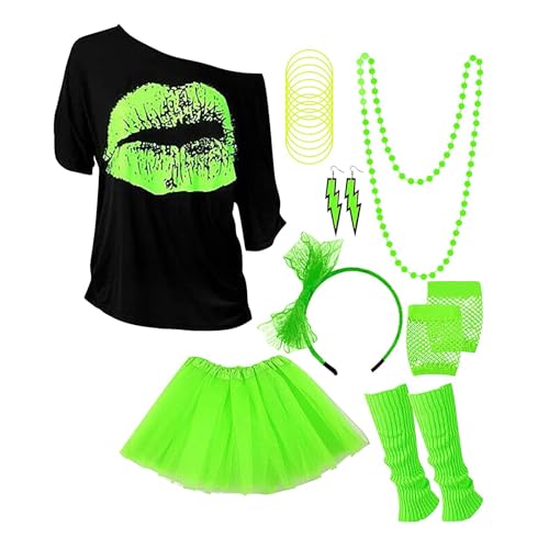 Generisch 80er 90er Jahre Outfit Damen Neon 80 Jahre Outfit Party Mädchen Neon Shirt 80s Aerobic Outfit Kleidung Mottoparty Kostüm Pärchen Tüllrock Grün Karneval von Generisch