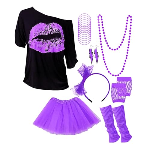 Generisch 80er Jahre Kleidung Damen Set Neon 80 Jahre Outfit Party Mädchen Partei Fancy Dress Zubehör Set Oberteil 80er Jahre Damen T Shirt Retro Damen von Generisch
